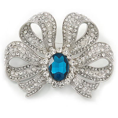 Large Clear Crystal, Teal CZ 'Bow' Brooch In Rhodium Plating - 70mm Across