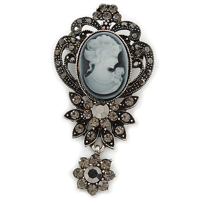 Vintage Inspired Dark Grey/ Hematite Crystal Cameo with Charm Brooch In Antique Silver Tone - 65mm L