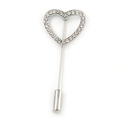 Silver Tone Clear Crystal Open Heart  Lapel, Hat, Suit, Tuxedo, Collar, Scarf, Coat Stick Brooch Pin - 50mm L