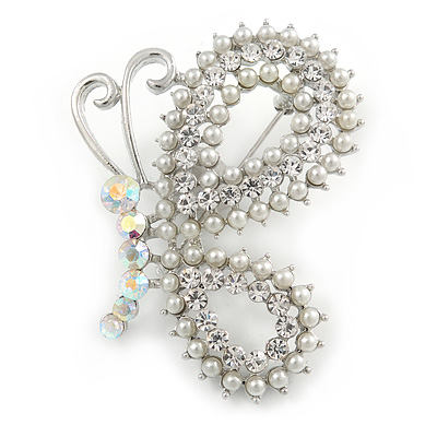 Exquisite AB/ Clear Crystal, White Faux Pearl Butterfly Brooch In Silver Tone - 50mm