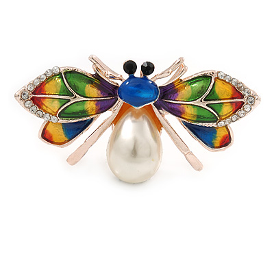 Funky Multi Enamel, Crystal, Pearl Bug Brooch In Rose Gold Metal - 45mm Across