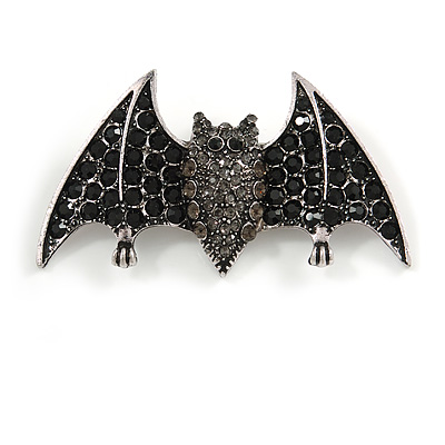 Black/ Grey Crystal Bat Brooch In Silver Tone Metal - 60mm Across