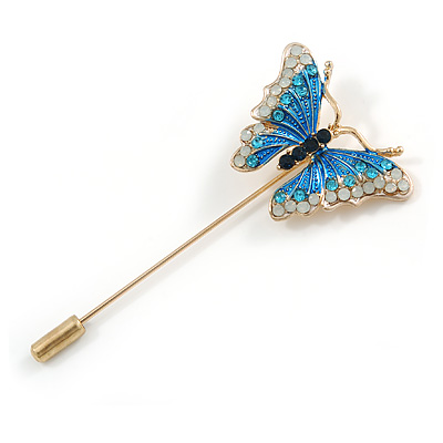 Gold Tone Blue/ Milky White Enamel Crystal Butterfly Lapel, Hat, Suit, Tuxedo, Collar, Scarf, Coat Stick Brooch Pin - 63mm Long