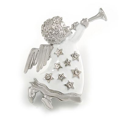 Silver Tone White Enamel, Clear Crystal 'Beautiful Angel' Brooch - 50mm L