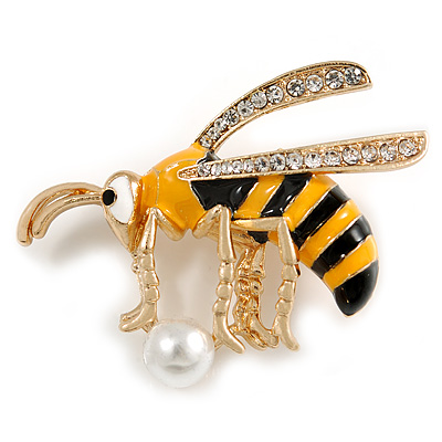 Funky Crystal Enamel Wasp Brooch In Gold Tone Metal (Black/ Yellow) - 40mm Across