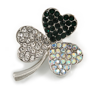 Clear/ AB/ Dark Green Crystal Clover Leaf Brooc In Silver Tone - 35mm Tall