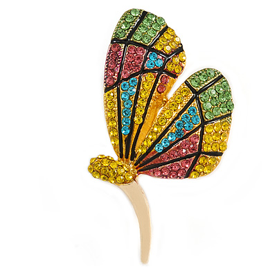 Green/ Lemon Yellow/ Pink/ Light Blue Crystal Butterfly Brooch In Gold Tone - 55mm Tall