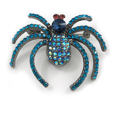 Statement Crystal Spider Brooch In Black Tone Metal (Teal/ Blue) - 50mm Across