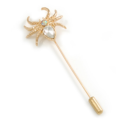 Gold Tone Clear Crystal Spider Lapel, Hat, Suit, Tuxedo, Collar, Scarf, Coat Stick Brooch Pin - 60mm L