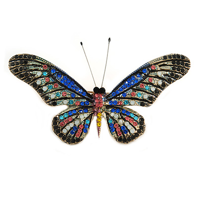 Statement Multicoloured Crystal Butterfly Brooch In Gold Tone - 85mm Across