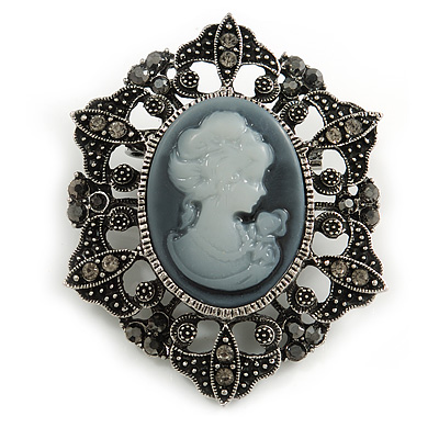 Vintage Inspired Grey/ Hematite Diamante Cameo Brooch in Aged Silver Tone - 55mm Long