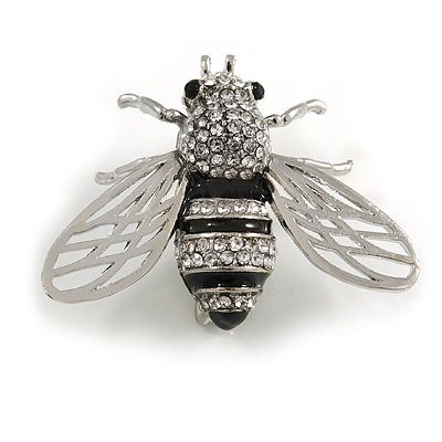 Silver Tone Clear Crystal, Black Enamel Bee Brooch - 40mm Across