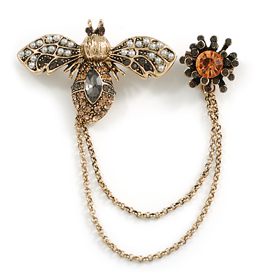 Vintage Inspired Bee and Flower Chain Brooch In Aged Gold Tone Finish