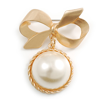 Matte Gold Tone Finish Bow with A Pearl Dangle Brooch - 55mm Long