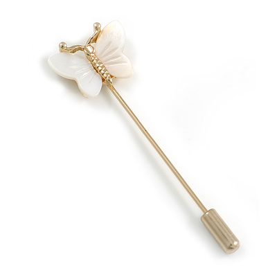 Small Gold Tone Mother of Pearl Butterfly Lapel, Hat, Suit, Tuxedo, Collar, Scarf, Coat Stick Brooch Pin - 60mm L