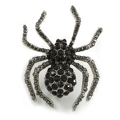 Vintage Inspired Black/Grey Crystal Spider Brooch In Silver Tone Metal - 50mm Tall