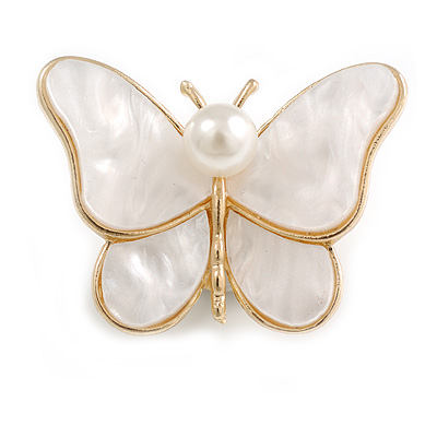 White Resin Bead Butterfly Brooch in Gold Tone - 40mm Across