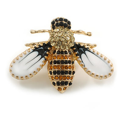 Crystal Enamel Bee Brooch In Gold Tone - 40mm Across