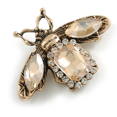 Vintage Inspired Clear/Citrine Crystal Bee Brooch In Aged Gold Tone - 48mm Across