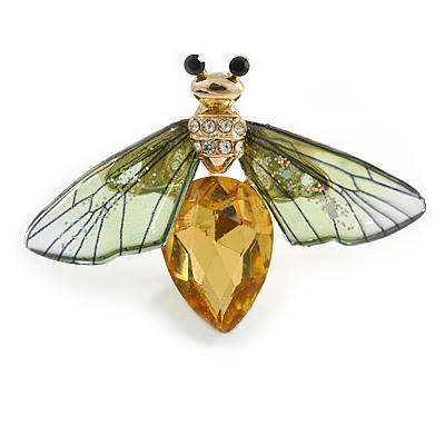 Green/Orange Crystal Bee Brooch in Gold Tone - 45mm Across