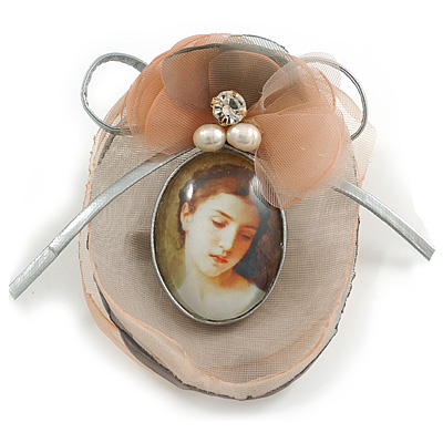 Handmade/Vintage Inspired Organza Fabric, Metallic Leather Cameo Brooch/Clip in Grey/Pink/Brown - 80mm Long