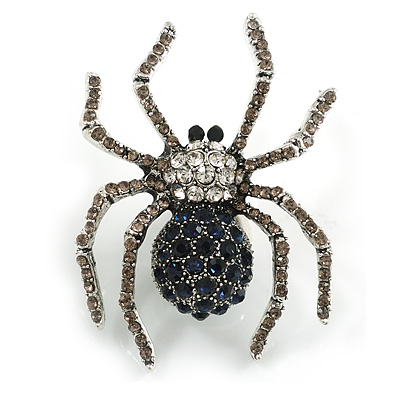 Dark Blue/ Grey/ Clear Spider Brooch in Aged Silver Tone - 50mm Tall