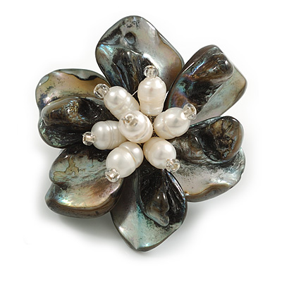 50mm/Black/Grey Shell with Freshwater Pearl Bead Asymmetric Flower Brooch/Handmade/Slight Variation In Colour/Size/Shape/Natural Irregularities