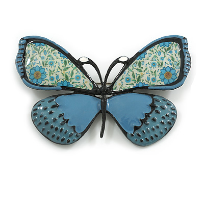 Blue/Cream Enamel Butterfly Brooch in Black Tone - 65mm Across