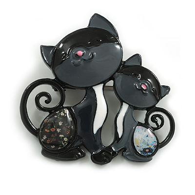 Black/Grey Enamel Two Cats Brooch in Black Tone - 45mm Across