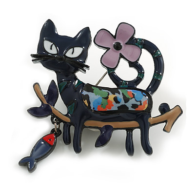 Dark Blue/Purple Enamel Cat and Fish Brooch in Black Tone - 50mm Across