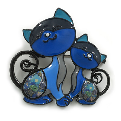 Blue/Grey/Teal Enamel Two Cats Brooch in Black Tone - 45mm Across