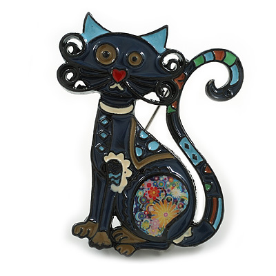 Funky Dark Blue Enamel Cat Brooch in Black Tone Metal - 50mm Tall