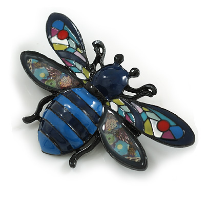Large Blue/Multi Enamel Bug Brooch in Black Tone Metal - 70mm Across