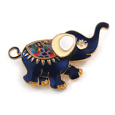Dark Blue Enamel Elephant Brooch in Black Tone Metal - 55mm Across