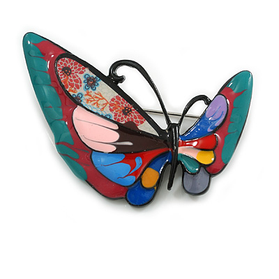 Asymmetric Multicoloured Enamel Butterfly Brooch in Black Tone - 50mm Across