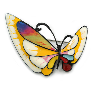 Multicoloured Enamel Asymmetric Butterfly Brooch in Black Tone - 50mm Across