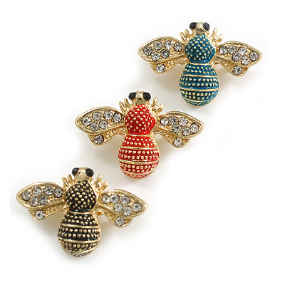 3Pcs Red/Teal/Black Enamel Bee Brooch Set in Gold Tone - 30mm Wide