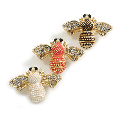 3Pcs White/Pink/Black Enamel Bee Brooch Set in Gold Tone - 30mm Wide