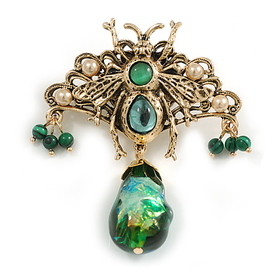 Vintage Inspired Bee with Dangle Brooch in Aged Gold Tone/ Green Shades - 65mm Long
