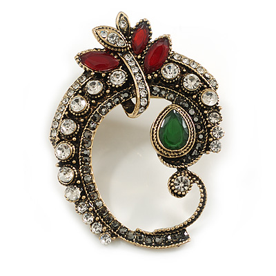 Vintage Inspired Turkish Style C Shape Crystal Flower Brooch/Pendant in Aged Gold Tone in Green/Red/Hematite/Clear - 60mm Tall