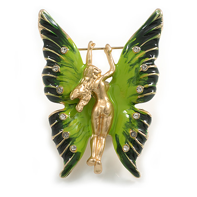 Fairy Brooch/ Whimsical Creature Enamel Crystal Brooch in Gold Tone/ Green Shades - 55mm Tall