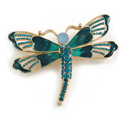 Teal Crystal Green Enamel Dragonfly Brooch in Gold Tone - 65mm Across