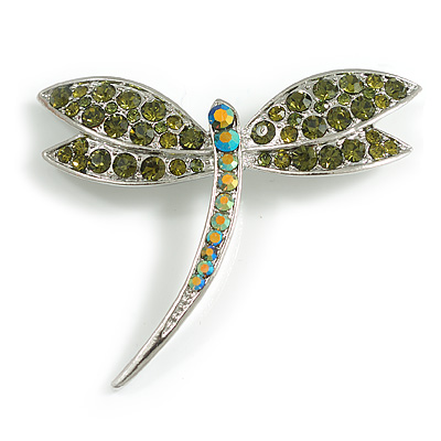 Classic Olive Green Crystal Dragonfly Brooch in Silver Tone - 55mm Across