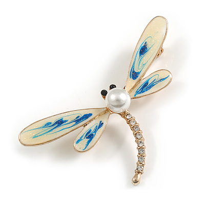 Cream/Blue Enamel Crystal Pearl Dragonfly Brooch in Gold Tone - 60mm Across