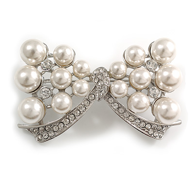 Statement Faux Pearl Crystal Bow Brooch in Silver Tone - 55mm Across