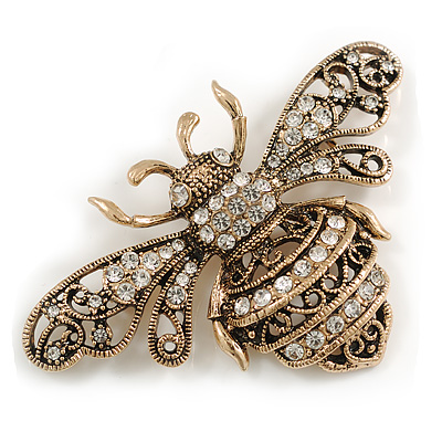 Large Vintage Inspired Aged Gold Tone Crystal Bumble Bee Brooch - 75mm Across
