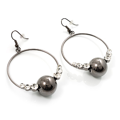 Black Tone Crystal Bead Hoop Earrings