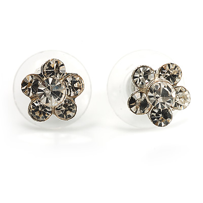 Tiny Diamante Floral Stud Earrings (Silver&Clear)
