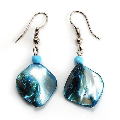 Light Blue Shell Bead Drop Earrings (Silver Tone)