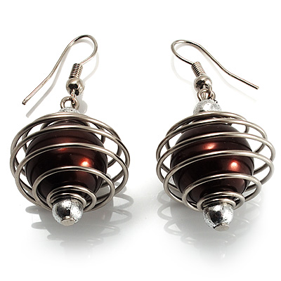 Silver Tone Chocolate Faux Pearl Drop Earrings